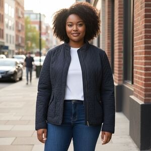 Chico’s Quilted Jacket Black Zip Front Mock Neck Lightweight Size 2 Capsule